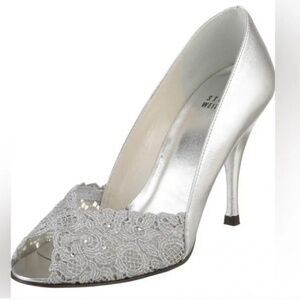 Stuart Weitzman Chantelle silver lace peep toe pumps